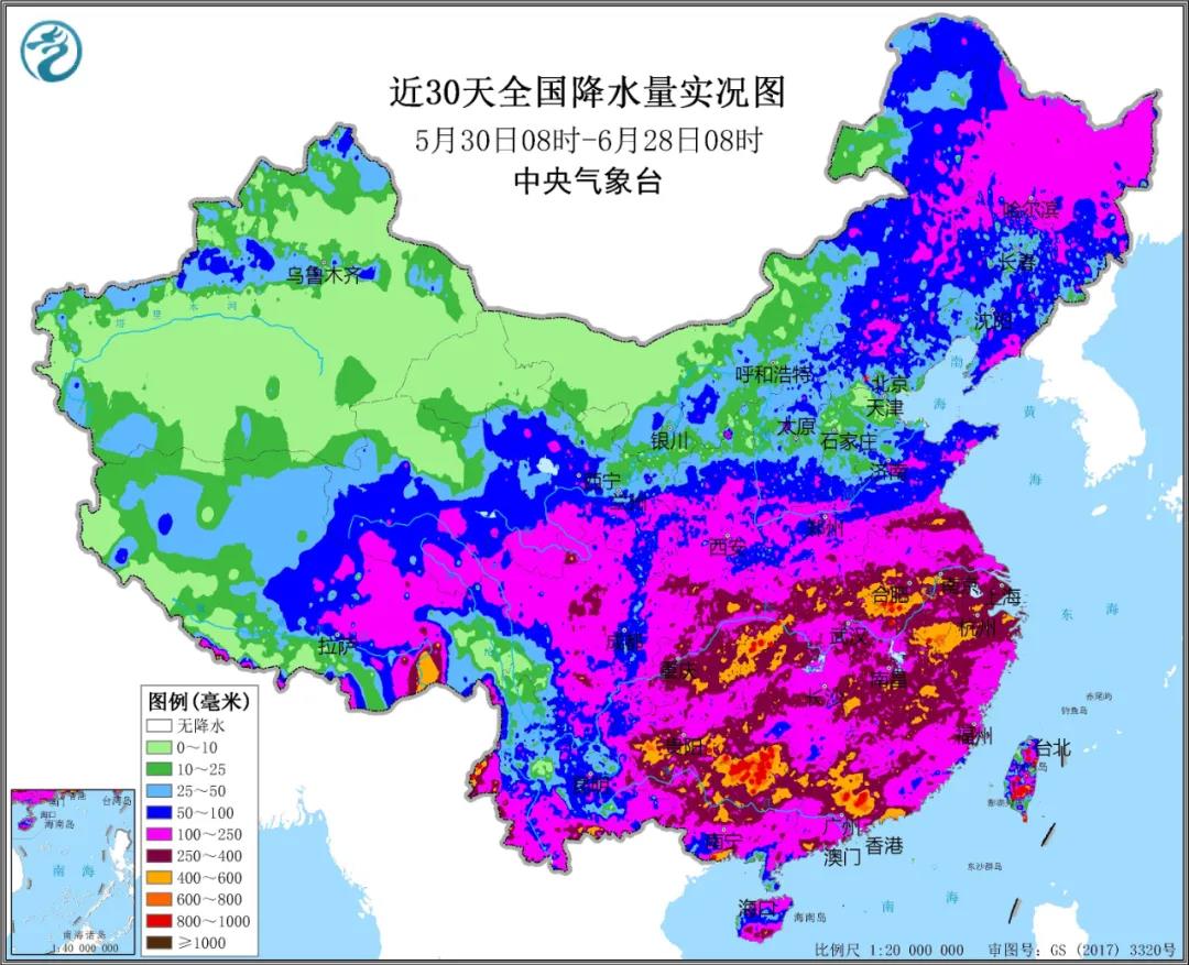 ▲圖為近30天全國降水實況圖。來源：中央氣象臺