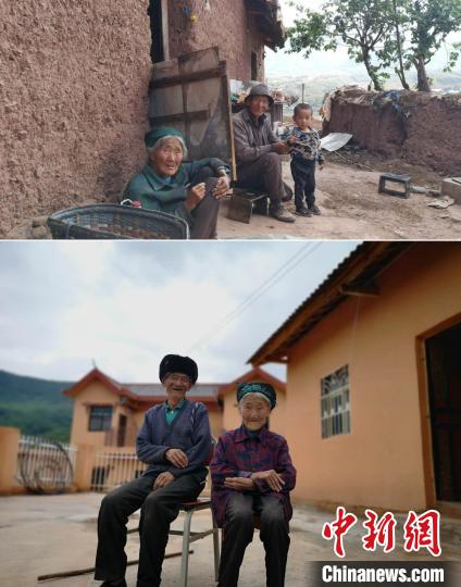 上圖為甲甲溝村村民羅木你坡夫婦所住的舊房，下圖為夫婦倆遷入的新居。(拼版圖) 張浪 攝